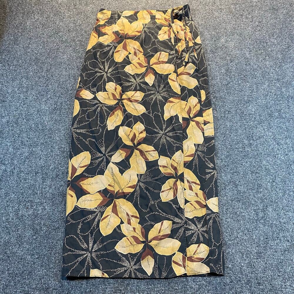 Finity Studio Women Size 6 100% Silk Hawaiian Floral Print Midi Skirt Black Gold